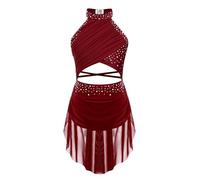 Linjinx Girls Shiny Rhinestone Lyrical Ballet Dance Dress Jazz Latin Cha-Cha Rumba Samba Dancwear Gymnastic Leotard Burgundy 11-12 Years
