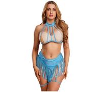 Linjinx Glittery Belly Dance Costume For Women's Halter Cage Crop Top & Briefs With Garter Bands Sky Blue S