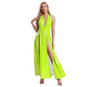 Linjinx Glossy Pu Halter Maxi Dress for Women Deep V-Neck Open Back High Split A-line Clubwear Fluorescent Green 3XL