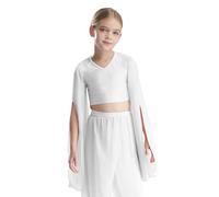 Linjinx Kids Girls Belly Dance Crop Top Chiffon Split Long Sleeves V-Neck Blouse for Stage Performance White 9-10 Years