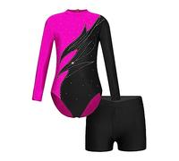 Linjinx Kids Girls Shiny Diamonds Long Sleeve Gymnastics Leotard with V-front Waistband Shorts Set Swimwear Hot Pink&Black 11-12 Years