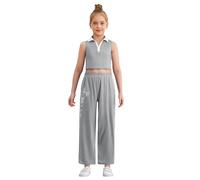Linjinx Kids Girls Summer Casual Two-piece Set Sleeveless Crop Top with Lace Trim Printed Wide-leg Pants Gray 5-6 Years