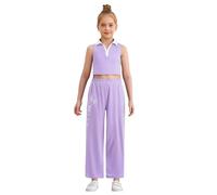 Linjinx Kids Girls Summer Casual Two-piece Set Sleeveless Crop Top with Lace Trim Printed Wide-leg Pants Light Purple 5-6 Years