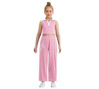 Linjinx Kids Girls Summer Casual Two-piece Set Sleeveless Crop Top with Lace Trim Printed Wide-leg Pants Pink 5-6 Years