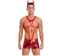 Linjinx Men's Chest Muscle Hollow-out Bodysuit Metallic Shiny Devil Horn Headwear Boxer Shorts Red L