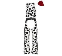 Linjinx Men's Cow Spot Print Cowboy Outfits Open Front Vest Long Pants & Square Scarf Bandanna Red L