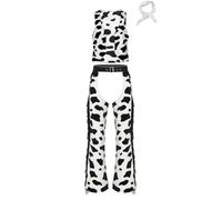 Linjinx Men's Cow Spot Print Cowboy Outfits Open Front Vest Long Pants & Square Scarf Bandanna White XL