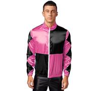 Linjinx Mens Jackets for Horse Trainer Jockey Costume Satin Jackets Front Zipper Contrast Checkerboard Outerwear Hot Pink&Black XXL