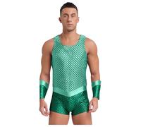 Linjinx Men's Sleeveless Fish Scales Bodysuit Halloween Sea King/sea God Cosplay Costume Mint Green 3XL