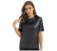 Linjinx Womens Fashion Casual Short Sleeve Sparkly Shiny Metallic Holographic Tops Disco T-Shirt Blouse Dark Grey XXL