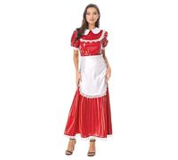 Linjinx Womens French Maid Cosplay Dress Short Sleeve With Apron Satin Lapel Collar For Halloween Party Red S