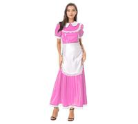 Linjinx Womens French Maid Cosplay Dress Short Sleeve With Apron Satin Lapel Collar For Halloween Party Pink XL