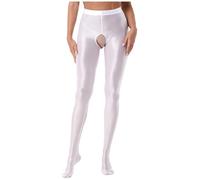 Linjinx Womens Oil Glossy Footed Pantyhose Tights Leggings Shimmery Open Crotch Lingerie Stockings, White, Large