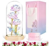 LinjunFa Eternal Rose Valentines Roses Gift for Her - Forever Roses in Glass Dome,Beauty and The Beast Rose with LED Light,Sparkly Galaxy Rose Gift for Women,Artificial Everlasting Rose with Butterfly