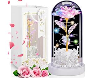 LinjunFa Mothers Day Rose Gift for Mum - Eternal Rose - Present for Women, Forever Roses in Glass Dome, Beauty and The Beast Rose with LED Light, Sparkly Galaxy Flowers Gifts for Mother