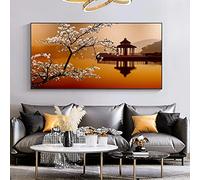 LINKGIN Home Lakeside Pavilion Canvas Paintings Chinese Landscape Wall Art Posters and Prints Wall Picture for Living Room Wall Decor 70x140cm frameless