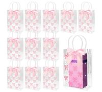 Linkidea 12 Clear Gift Bags with Pink Bows, Includes 25 Adhesive Dots and 12 Lilac Ribbon Bows, Suitable for Party Favors, Wedding Gifts, Holiday Packaging, Birthday