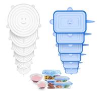 Linkidea 12 Pcs Silicone Stretch Lids, Flexible Round and Rectangle Fit 2.6" - 8.1" Container, Stretchy Silicone Lids for Food Storage, Different Sizes Reusable Silicone Bowl Covers (Blue & White)
