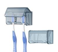 Linkidea 2 Pack Wall Mount Toothbrush Holder with Cover for Bathroom, Shower, Self Adhesive 2 Slots Brush Hanger Compatible with Colgate ExtraClean, Oral-B CrossAction(Grey)