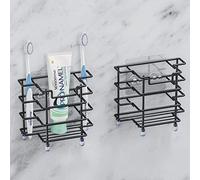 Linkidea 2 Packs Wall Mount Toothbrush Holder for Bathroom, Stainless Steel Tooth Brush Stand for Electric Toothbrush, Razor, Toothpaste, Self Adhesive Countertop 3 Slots Organizer (Black)