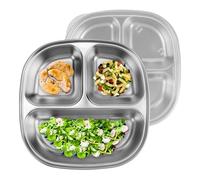 Linkidea 2 Pcs Stainless Steel Portion Control Plate, 3 Compartments Divided Plate with Lid, Durable Meal Prep Pan for Adults Suitable for Diet Food Control, Camping Use