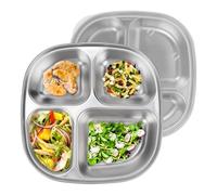 Linkidea 2 Pcs Stainless Steel Portion Control Plate, 4 Compartments Divided Plate with Lid, Durable Meal Prep Container for Adults Suitable for Diet Food Control, Camping Use