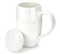 Linkidea 22oz Extra Large Fine Bone China Coffee Mug with Lid, Oversized Coffee Cups with Handles, Big Teacups for Office and Home, Microwave and Dishwasher Safe, White