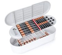 Linkidea Battery Storage Case with Tester, Portable Battery Organizer for 42 AA, 47 AAA, 19 Flat Battery, Double Layer Battery Storage Box (Grey & White)