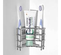 Linkidea Corner Wall Mount Toothbrush Holder for Bathroom, Stainless Steel Triangle Shelf for Tile Walls, Self Adhesive Electric Brush Toothpaste Organizer (Silver)