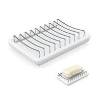 Linkidea Double Layer Ceramic Soap Dish, Stainless Steel Self Draining Soap Tray Holder, Soap Sponge Box for Bathroom Shower