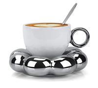 Linkidea Flower Coffee Cup Saucer Set with Silver Handle Metal Spoon, 6.7oz 200ml Creative Porcelain Afternoon Tea Cup, Ceramic Mug Set for Office, Home (Silver)