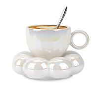Linkidea Flower Coffee Cup Saucer Set with Silver Handle Metal Spoon, 6.7oz 200ml Creative Porcelain Afternoon Tea Cup, Ceramic Mug Set for Office, Home (Pearl)
