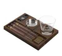 Linkidea Large Cigar Storage Holder Set with Cutter & Ashtray, Wooden Whiskey Glass Tray Organizer, Luxury Smoking Accessories Gift for Dad, Husband (Brown)