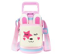 Linkidea Rabbit Cartoon Water Bottle Carrier Bag with Pocket, Compatible with YETI Rambler Jr. 12oz, Simple Modern 14oz, Hydro Flask Kids Bottles, Medium, Pink