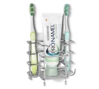 Linkidea Self Adhesive Toothbrush Holder for Shower, Stainless Steel Toothpaste Organizer, 3 Slots Wall Mount/Countertop Stand Compatible with Colgate Extra Clean, Oral-B CrossAction