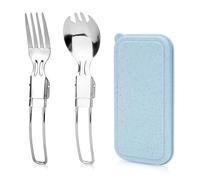 Linkidea Stainless Steel Folding Utensils with Storage Box, Reusable Fork and Spork Set, Travel Lightweight Tableware Accessories Fits Camping Use (Blue)