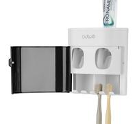 Linkidea Toothbrush Holder with 2 Toothpaste Squeezer, 4 Slot Plastic Brush Hanger for Shower Bathroom, Wall Mount Dispenser Compatible with Oral-B CrossAction, Colgate Extra Clean