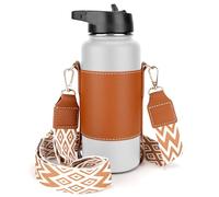 Linkidea Vegan Leather Water Bottle Carrier with Strap Compatible with Hydro Flask Wide Mouth 32oz, IRON FLASK, Waterbottle Sling Bag Holder with Shoulder Strap