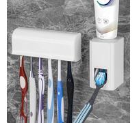 Linkidea Wall Mount Toothbrush Holder and Toothpaste Dispenser, Plastic Self Adhesive 6 Slots Tooth Brush with Cover for Bathroom, Compatible with Oral-B CrossAction, Colgate Extra Clean