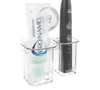 Linkidea Wall Mount Toothbrush Holder for Bathroom, Plastic Self Adhesive 2 Slot Tooth Brush Hanger Organizer, Compatible with Oral-B iO Series, Sonicare ProtectiveClean, 7AM2M (Transparent)
