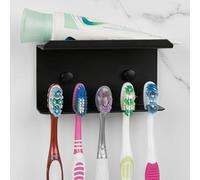 Linkidea Wall Mounted Toothbrush Holder for Shower, Aluminum Self-Adhesive 5 Slots Tooth Brush and Toothpaste Organizer Hanger Compatible with Colgate Extra Clean, Oral-B CrossAction (Black)