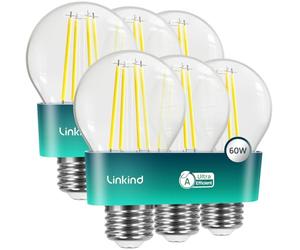 Linkind E27 LED Bulb, Energy Class A 3.8W=60W Equivalent, 2700K Warm White 806lm, Edison Screw in Light Bulb, Clear Glass Vintage Filament LED Bulb, 50000H Lifespan, 6 Pack