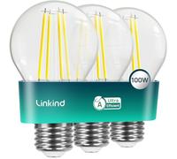 Linkind E27 LED GLS Bulb, Ultra-efficient A-Rated 7.2W=100W Equivalent, 2700K Warm White 1521lm, Edison Screw in Light Bulb, Clear Glass Vintage Filament LED Bulb, 50000H Lifespan, 3-Pack