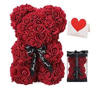 LINKLO Rose Bear Rose Teddy Bear -10 inch Artificial Rose Flower Bear, Gift for Valentines Day, Wedding, Mothers Day and Anniversary, Including Transparent Gift Box (Deep red)