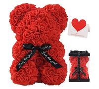 FVXR Rose Bear, Rose Teddy Bear 10 Inch Dozen Flowers Artificial Plants Decorations, Gift for Valentines Day, Mothers Day, Christmas,Birthday,Wedding Party Decorations with Clear Gift Box (06-Red)