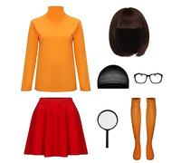 LINKOM Women's Velma Costume Orange Turtleneck Top Red Skirt Bob Wig Glasses Magnifying Glass and Socks Halloween Suit, Orange, XL