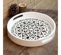 LINKOVE 12" Decorative Tray, Round Wood Tray for Home Decor, Small Wooden Serving Tray with Handles for Coffee Table Decor Centerpiece Ottoman Counter,White Circle Candle Perfume Tray Decor