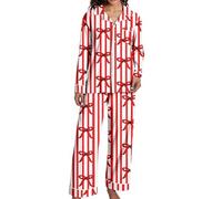 Linkpig Cute Christmas Pajamas Sets for Women Soft Long Sleeve Button Down Sleepwear Santa Bow Bow Cane Pjs Lounge Set, Red and White Bow, S