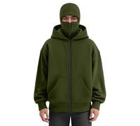 Linkpig Men's Balaclava Hoodie with Face Mask Zip Up Ski Mask Jacket Double Hooded Sweatshirt Wind Resistant Unisex, Amry Green, XXL