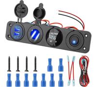 Linkstyle 4 in 1 Car Charger Socket Panel, Dual 18W USB A QC3.0 Ports, 120W/150W Cigarette Lighter Socket, LED Voltmeter & Rocker Switch for 12V/24V RV Boat